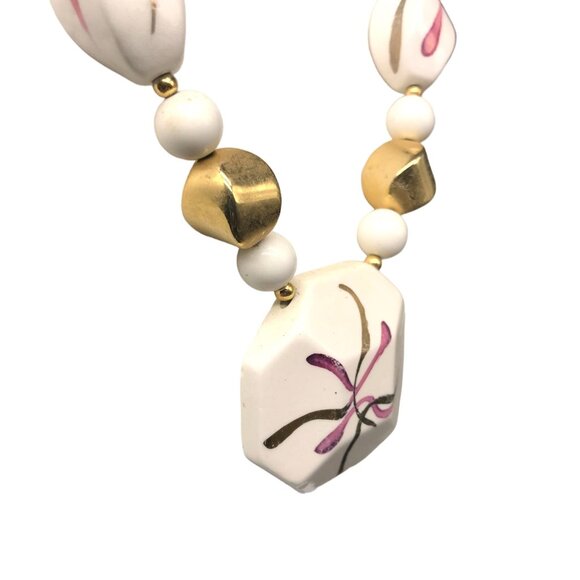 Hand Painted Japanese Beaded Necklace, White, Mauve and Gold Abstract Fireworks - Picture 6 of 9